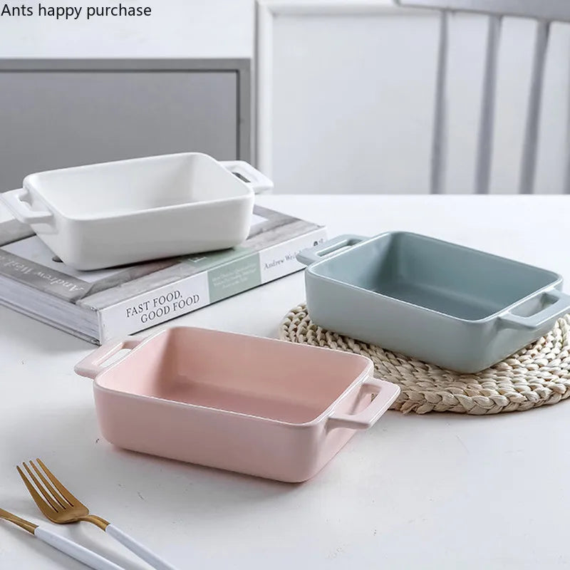 Binaural Rectangular Ceramic Plate Oven Dedicated Bakeware Dinner Plate Decorative Tableware Baking Bowl Dish Fruit Salad Bowl