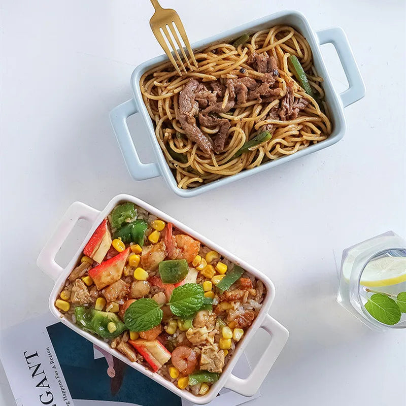 Binaural Rectangular Ceramic Plate Oven Dedicated Bakeware Dinner Plate Decorative Tableware Baking Bowl Dish Fruit Salad Bowl