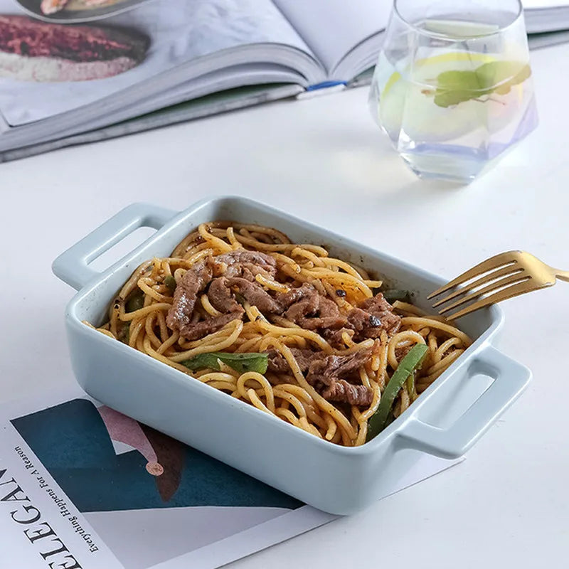 Binaural Rectangular Ceramic Plate Oven Dedicated Bakeware Dinner Plate Decorative Tableware Baking Bowl Dish Fruit Salad Bowl