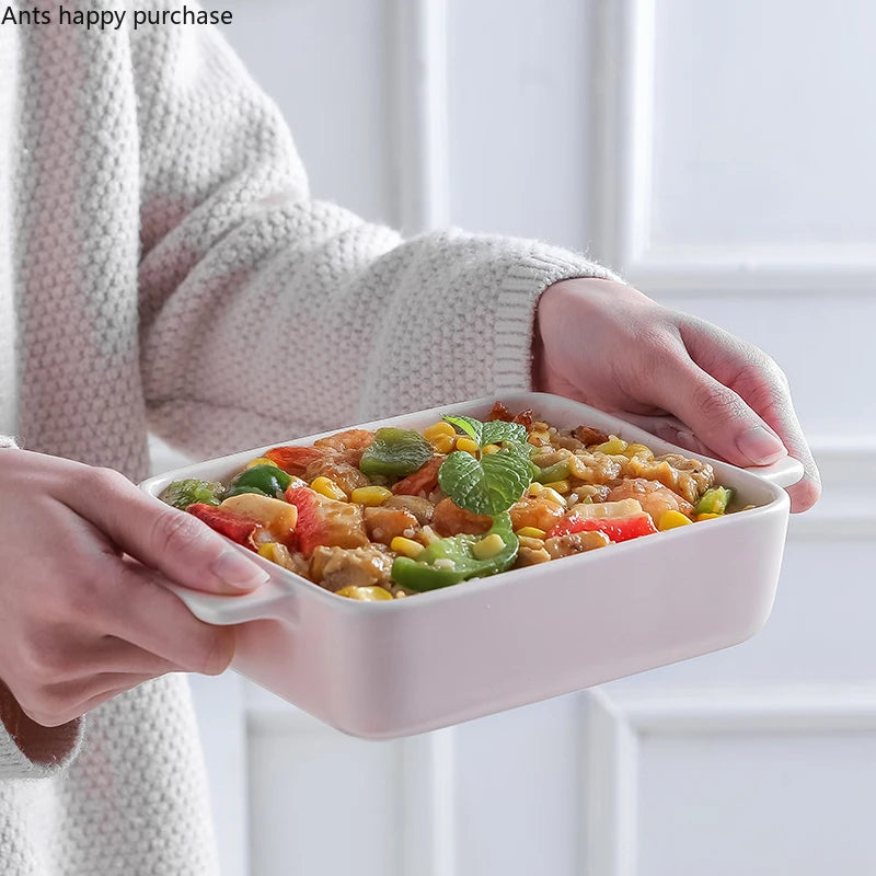 Binaural Rectangular Ceramic Plate Oven Dedicated Bakeware Dinner Plate Decorative Tableware Baking Bowl Dish Fruit Salad Bowl
