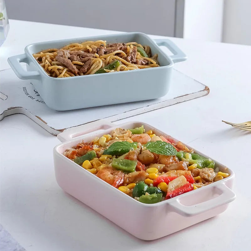 Binaural Rectangular Ceramic Plate Oven Dedicated Bakeware Dinner Plate Decorative Tableware Baking Bowl Dish Fruit Salad Bowl