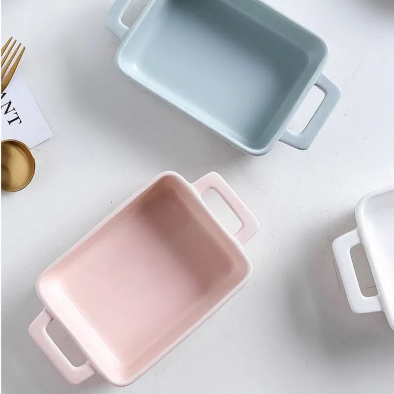 Binaural Rectangular Ceramic Plate Oven Dedicated Bakeware Dinner Plate Decorative Tableware Baking Bowl Dish Fruit Salad Bowl