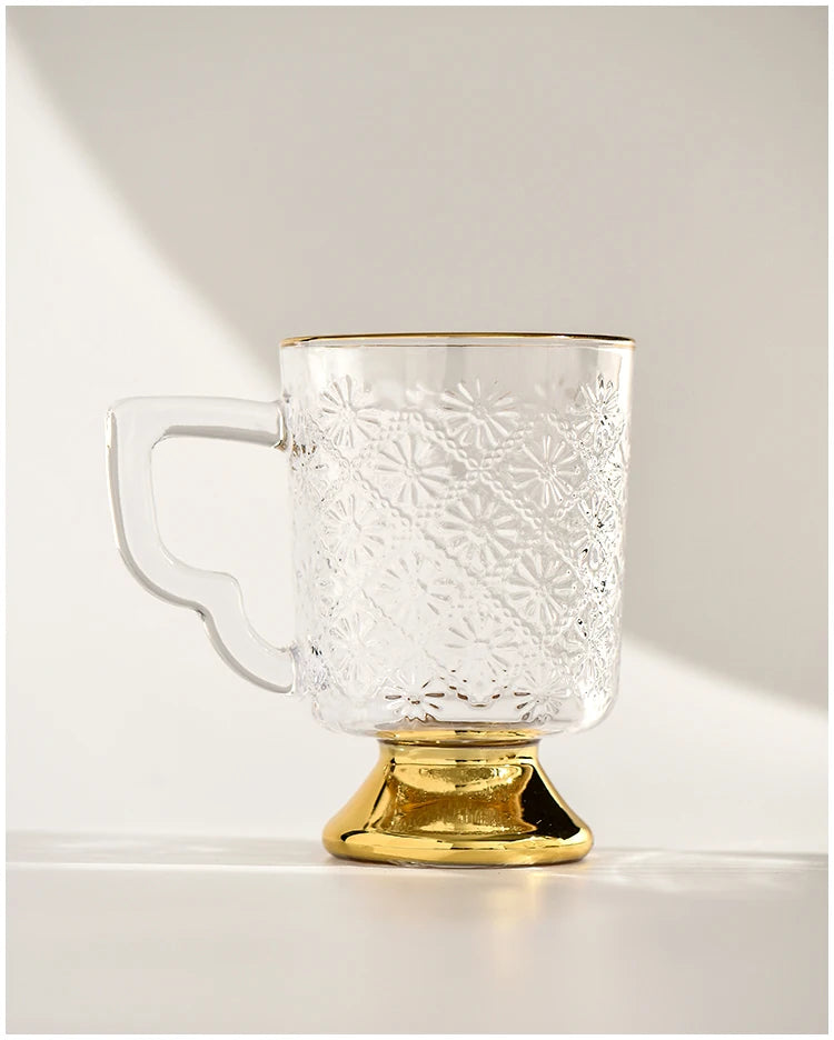Gold Rimmed Tall Glass with Handle, Tall Beer Drinking Glass with Handle, Kitchen Bar, Barware, Drinkware Set, Light, Luxury