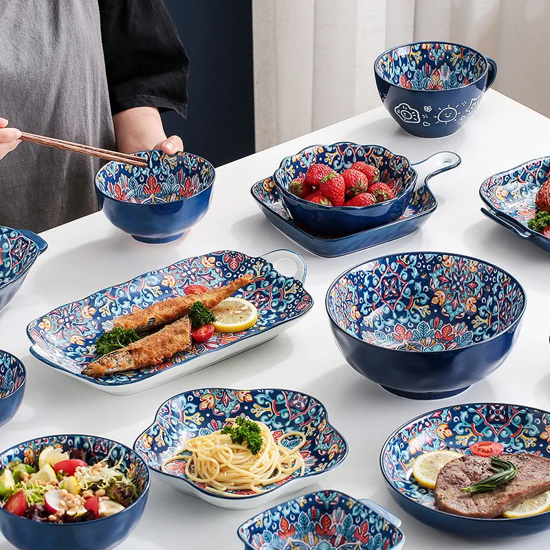 Baroque dish set Creative ceramic tableware Rice rice bowl soup noodles large bowl Household handle bowl Fish plate dish