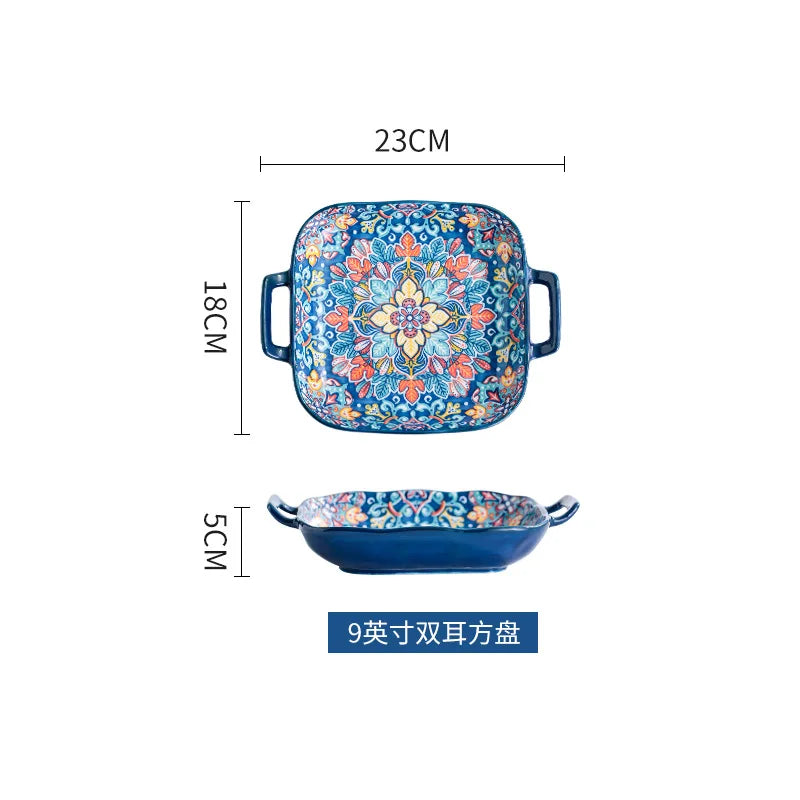 Baroque dish set Creative ceramic tableware Rice rice bowl soup noodles large bowl Household handle bowl Fish plate dish