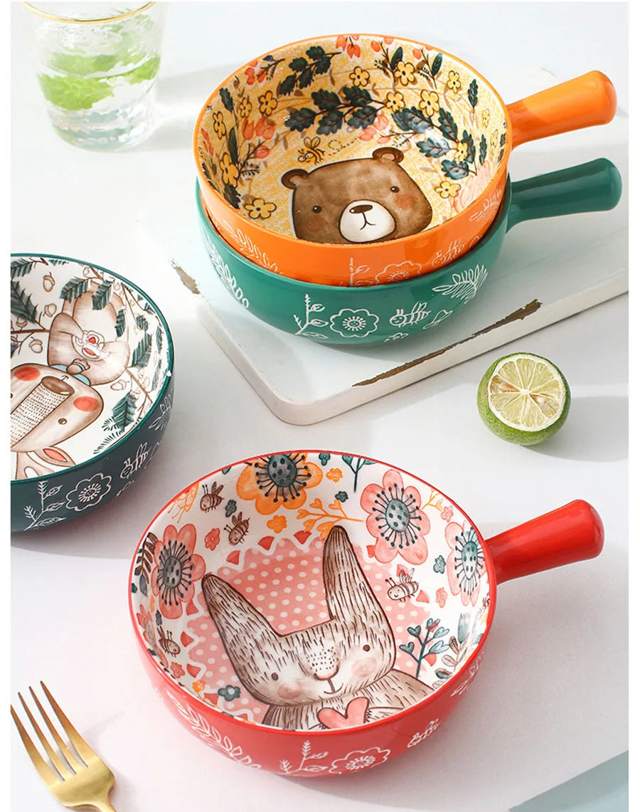 YWDL 500ml Round Ceramic Bakeware With Handle Forest Animals Baking Pan Underglaze Kitchen Tableware Salad Bowl Au Gratin Pasta