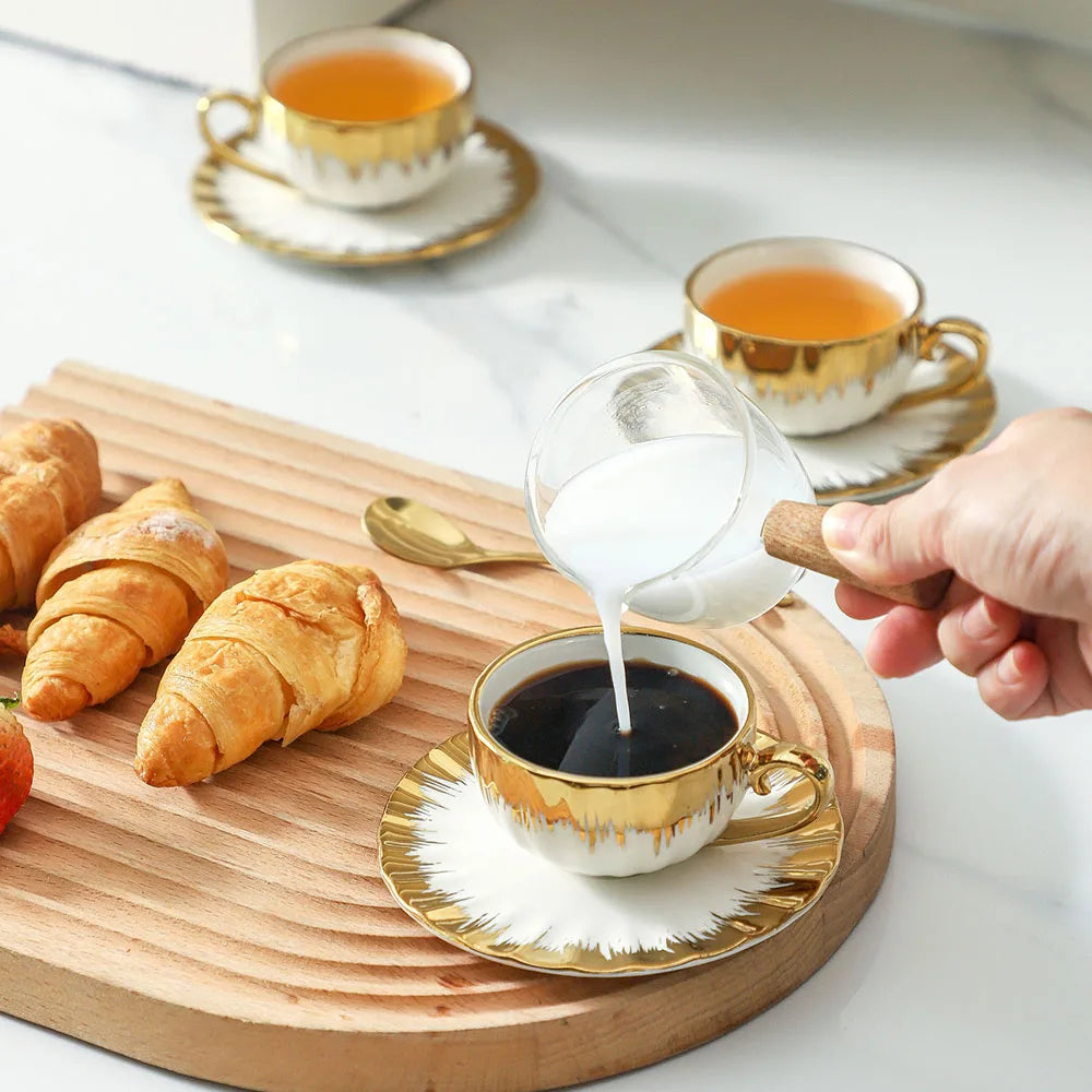 6 Sets, Ceramic Cups With Saucers, Espresso Cups and Saucers, Porcelain Coffee Cup and Saucer Set with Gold Trim, 2.5 oz Demitas