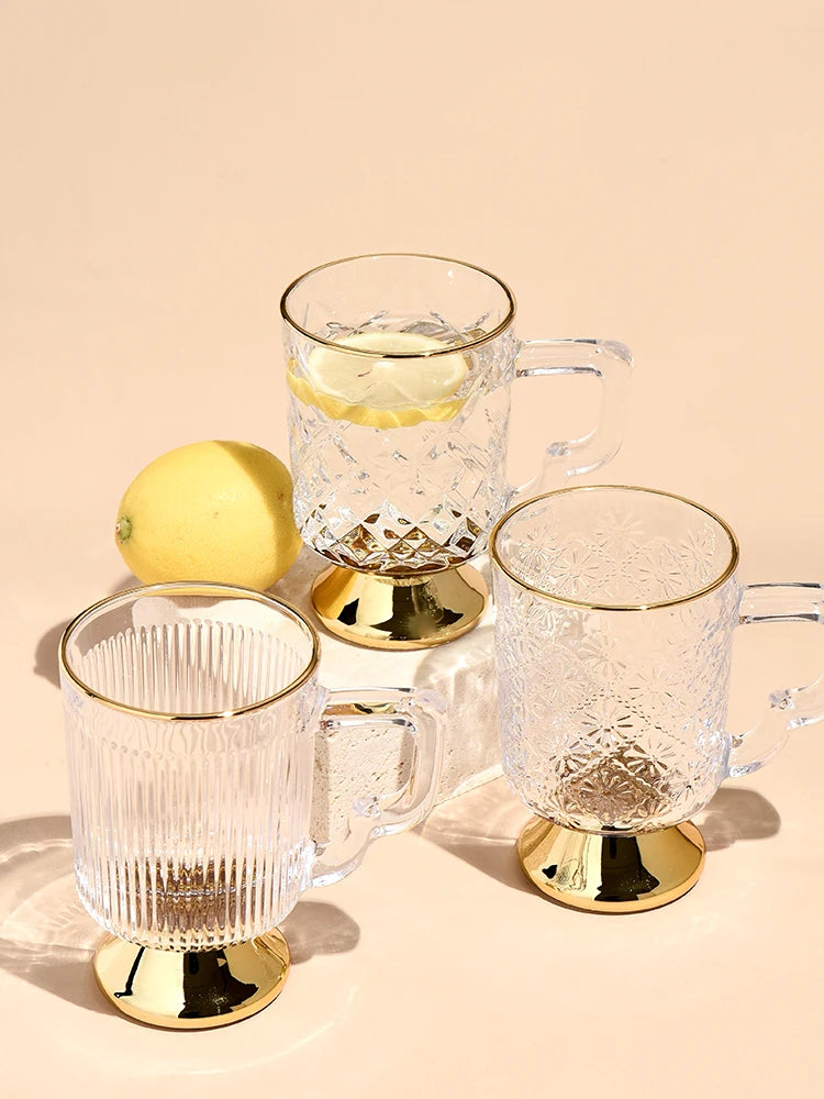 Gold Rimmed Tall Glass with Handle, Tall Beer Drinking Glass with Handle, Kitchen Bar, Barware, Drinkware Set, Light, Luxury