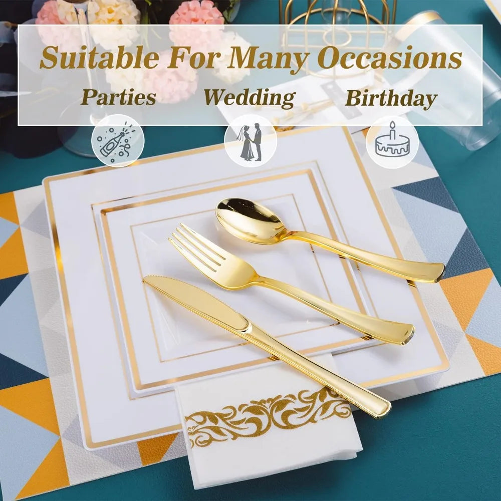 50 Guest Gold Dinnerware Set-100 White Square Plastic Plates with Gold Rim, 50 Gold Plastic forks &Spoons &Knives &Cups &Napkins