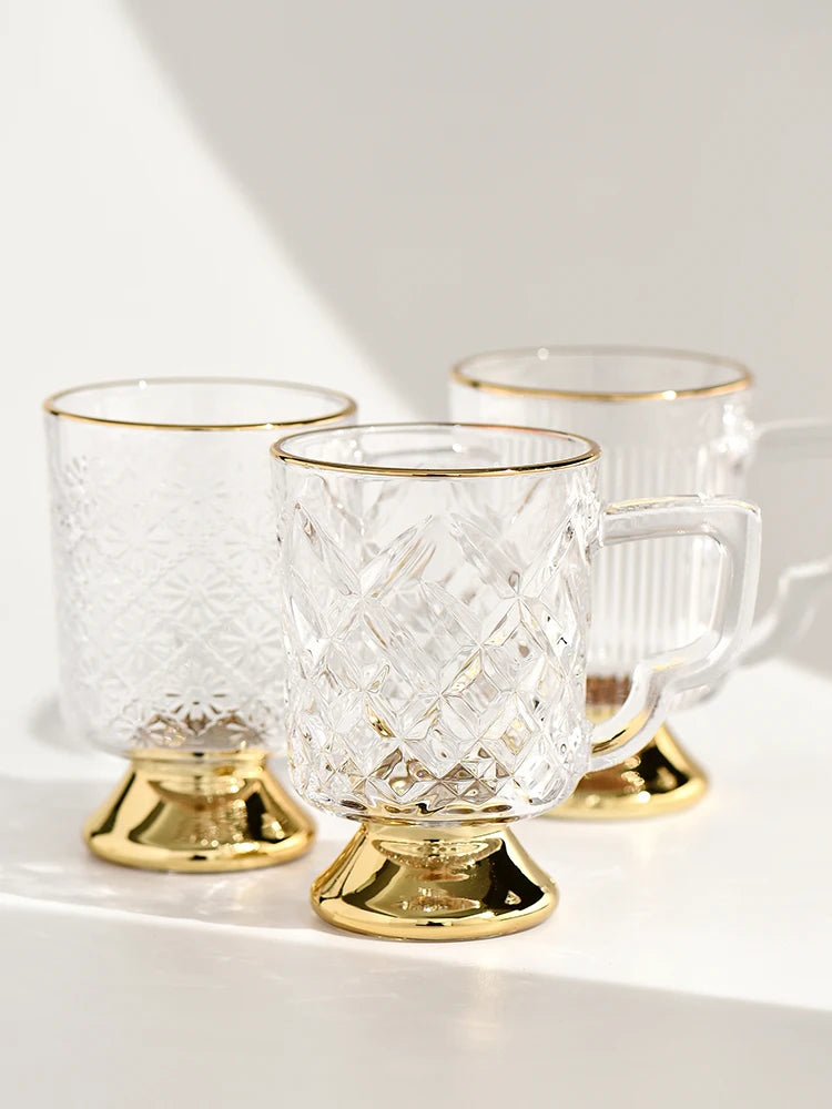 Gold Rimmed Tall Glass with Handle, Tall Beer Drinking Glass with Handle, Kitchen Bar, Barware, Drinkware Set, Light, Luxury