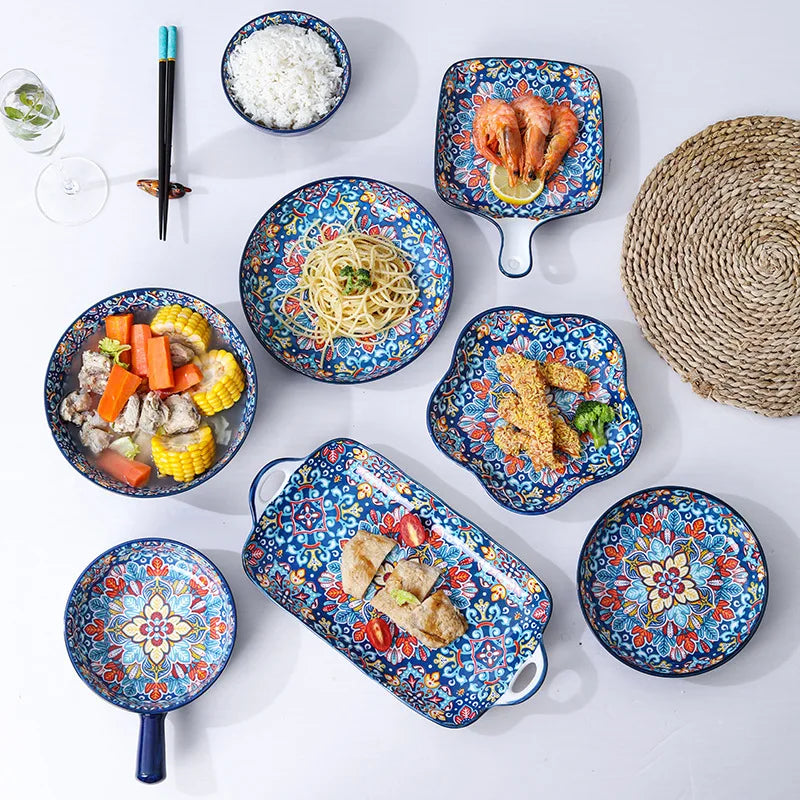 Baroque dish set Creative ceramic tableware Rice rice bowl soup noodles large bowl Household handle bowl Fish plate dish