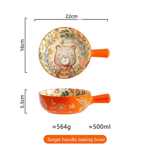 Ceramic Bakeware With Handle Forest Animals Baking Pan Underglaze Kitchen Tableware Salad Bowl Au Gratin Dishes