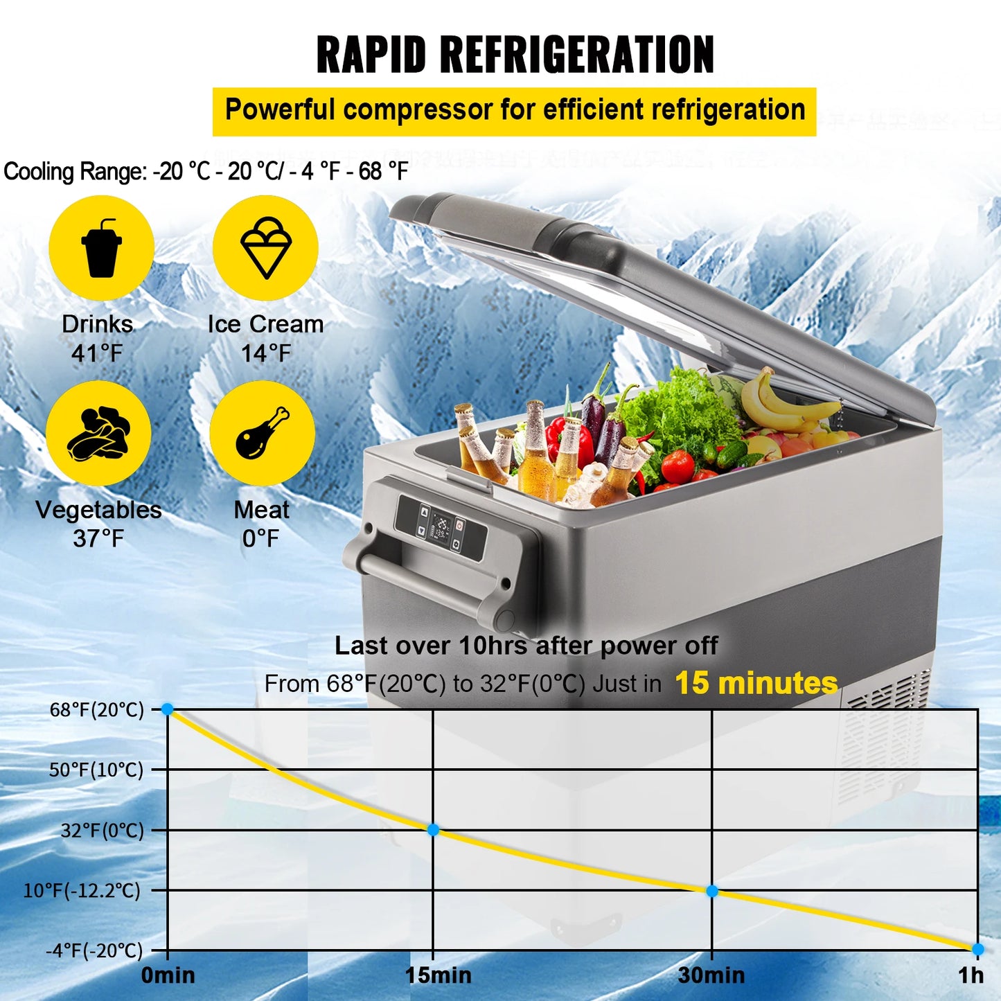 VEVOR 55L Car Refrigerator Mini Fridge Freezer Portable Compressor Cooler 12/24V DC 110-240V Ice Box for Camping