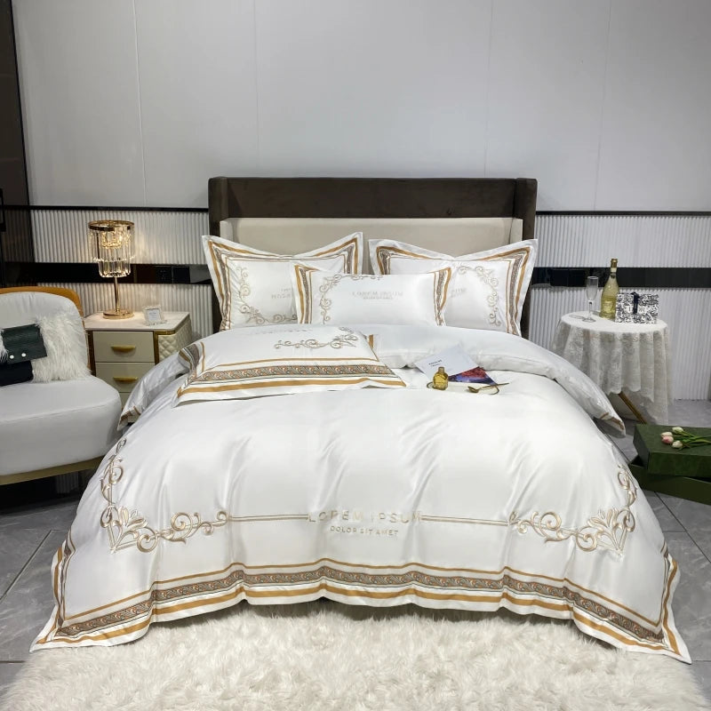 European Style Gold Edge Embroidered Bedding Set Luxury White Satin Cotton Duvet Cover Bed Sheets Pillowcases King Queen Size