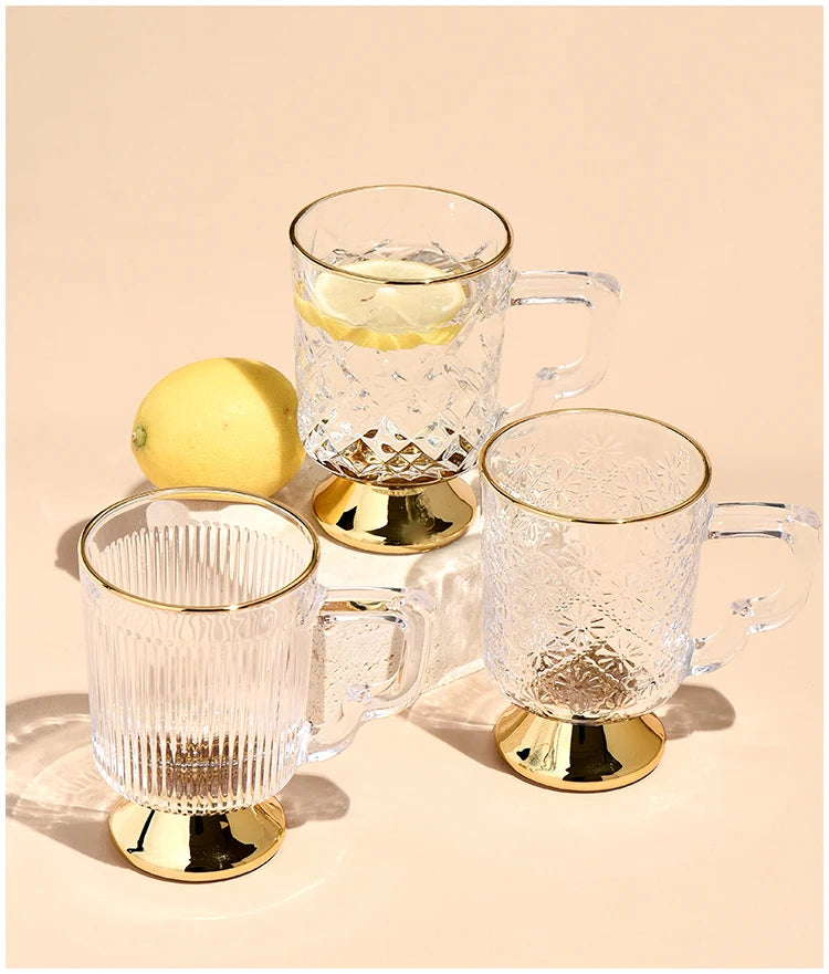 Gold Rimmed Tall Glass with Handle, Tall Beer Drinking Glass with Handle, Kitchen Bar, Barware, Drinkware Set, Light, Luxury