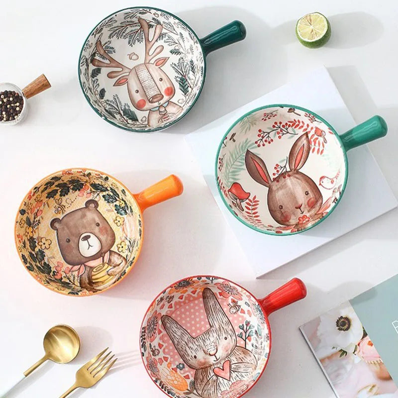 YWDL 500ml Round Ceramic Bakeware With Handle Forest Animals Baking Pan Underglaze Kitchen Tableware Salad Bowl Au Gratin Pasta