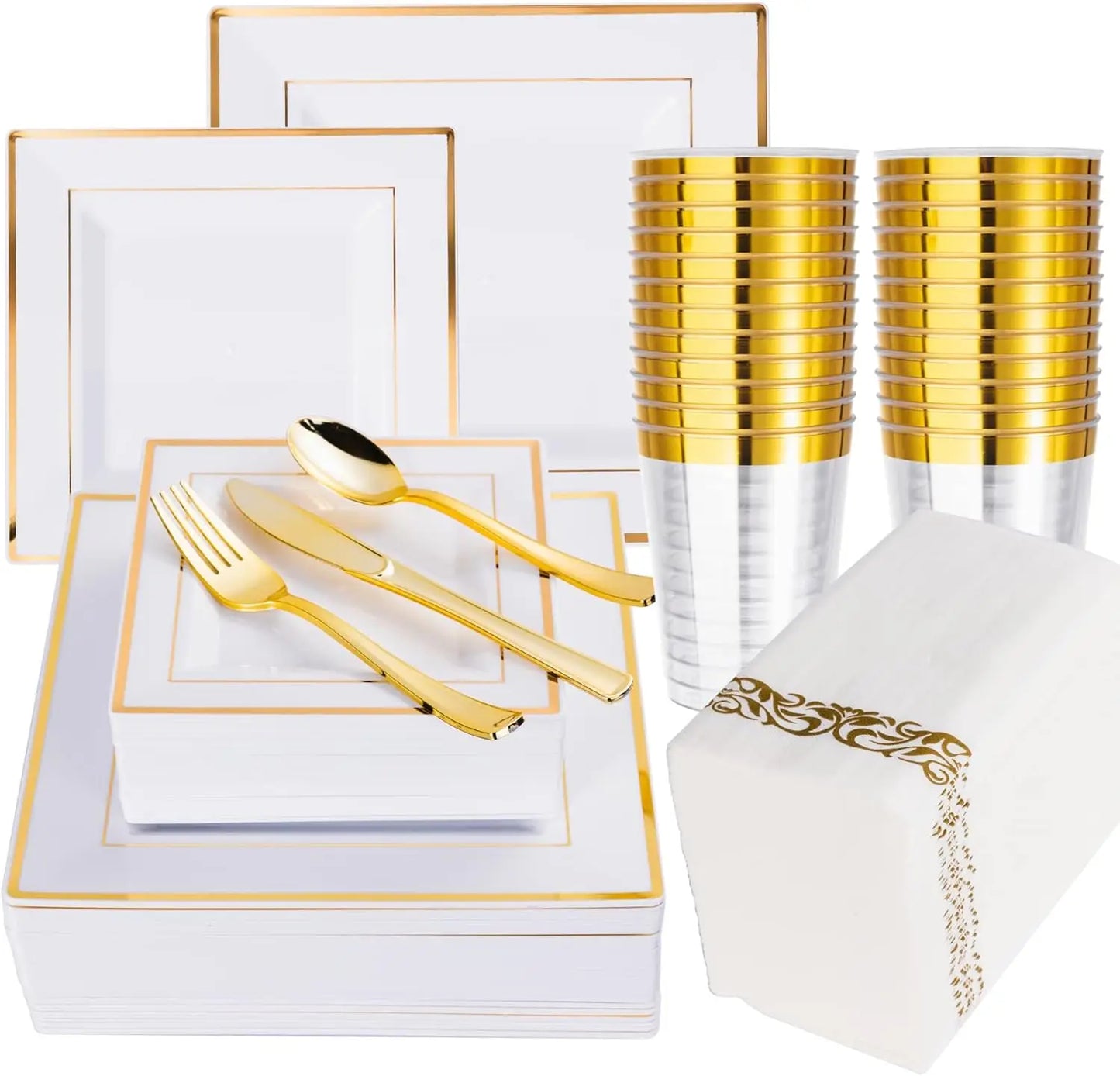 50 Guest Gold Dinnerware Set-100 White Square Plastic Plates with Gold Rim, 50 Gold Plastic forks &Spoons &Knives &Cups &Napkins