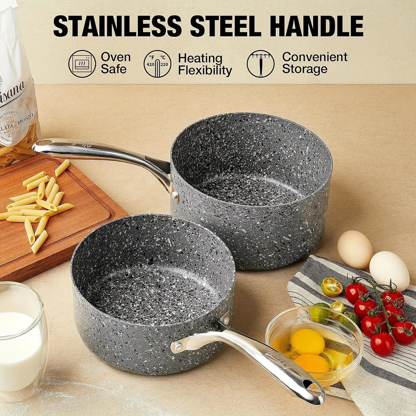 HLAFRG Nonstick 2Qt & 3Qt Sauce Pan Set with Lid, Saucepan Set, Natural Granite Small Sauce Pots, Grey Pot Set for All Stove