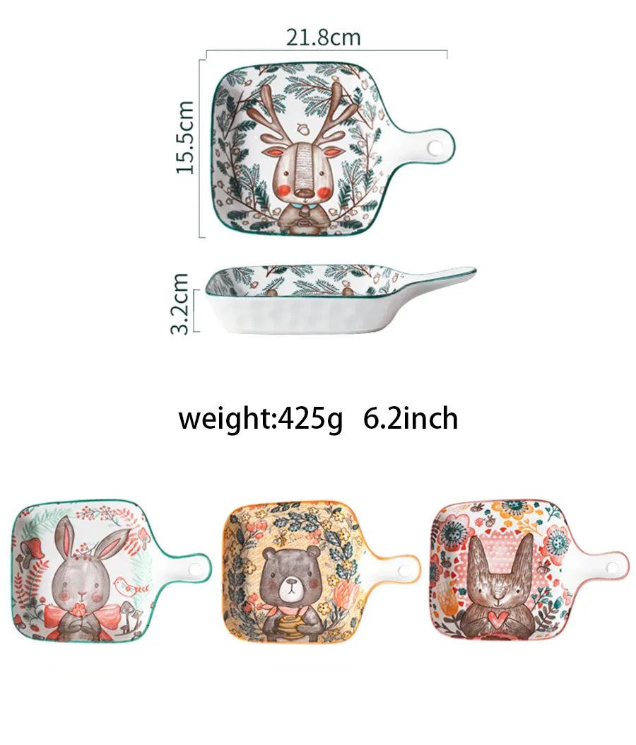 Ceramic Bakeware With Handle Forest Animals Baking Pan Underglaze Kitchen Tableware Salad Bowl Au Gratin Dishes