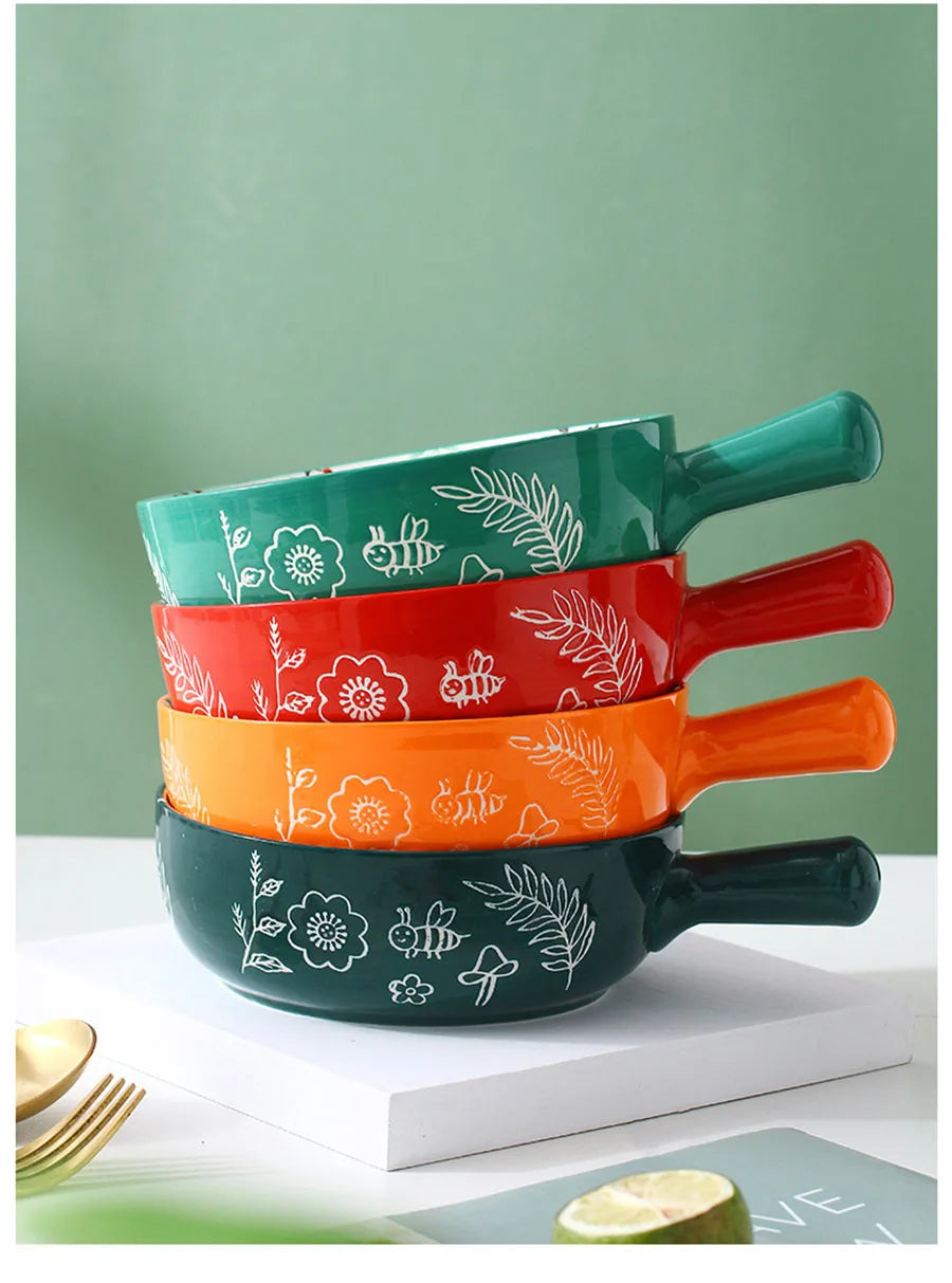 YWDL 500ml Round Ceramic Bakeware With Handle Forest Animals Baking Pan Underglaze Kitchen Tableware Salad Bowl Au Gratin Pasta