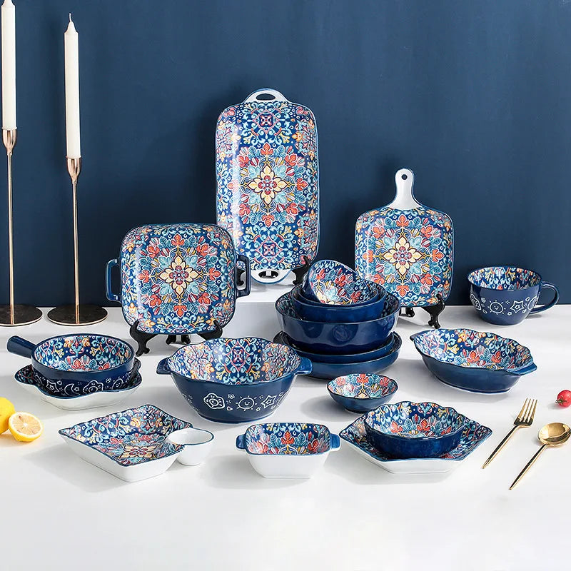 Baroque dish set Creative ceramic tableware Rice rice bowl soup noodles large bowl Household handle bowl Fish plate dish