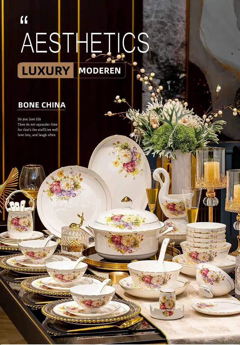 60pcs European Style Dinnerware Sets Luxury Bone China Tableware Sets Bowl Spoon Dinner Plate Set Kitchen Utensils Dinner Set