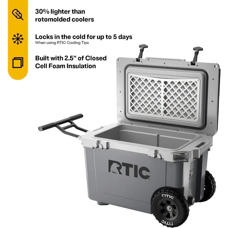 52 Quart Ultra-Light Wheeled Hard Cooler Insulated Portable Ice Chest Box for Beach, Drink, Beverage, Camping, Picnic, Fishing