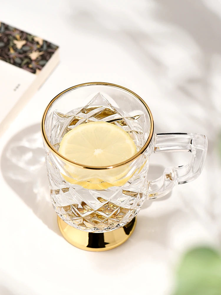 Gold Rimmed Tall Glass with Handle, Tall Beer Drinking Glass with Handle, Kitchen Bar, Barware, Drinkware Set, Light, Luxury