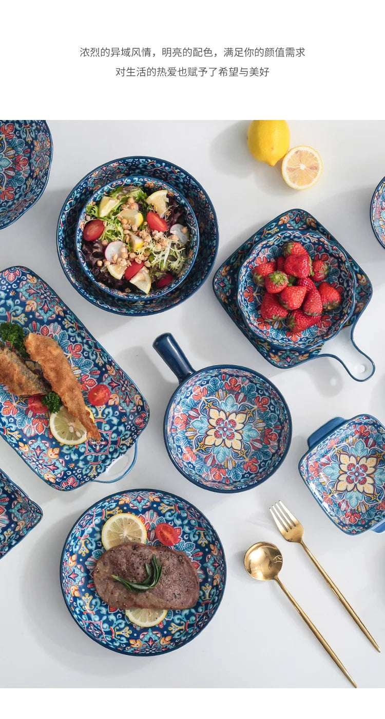 Baroque dish set Creative ceramic tableware Rice rice bowl soup noodles large bowl Household handle bowl Fish plate dish