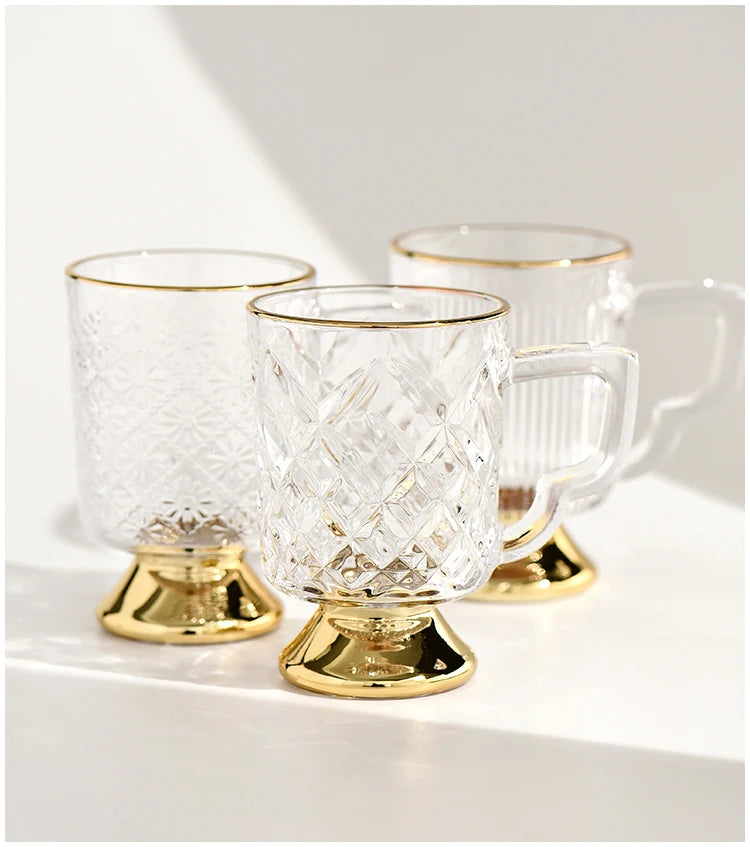 Gold Rimmed Tall Glass with Handle, Tall Beer Drinking Glass with Handle, Kitchen Bar, Barware, Drinkware Set, Light, Luxury