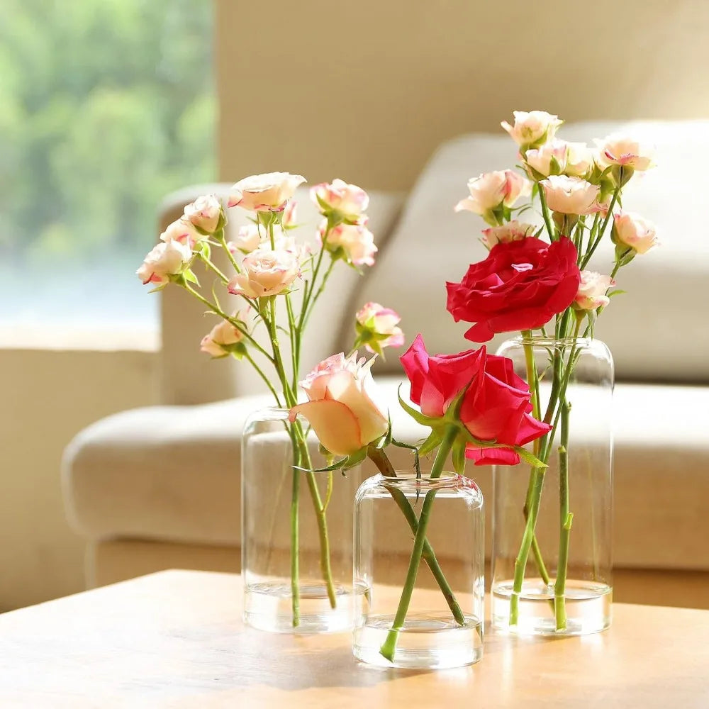 3Pcs/set Clear Small Glass Bud Vases in Bulk Modern Cylinder Glass Vase for Wedding Party Dining Table Centerpieces Decoration