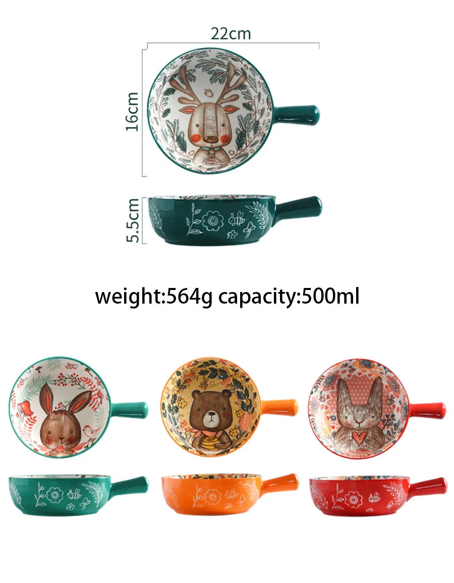 Ceramic Bakeware With Handle Forest Animals Baking Pan Underglaze Kitchen Tableware Salad Bowl Au Gratin Dishes