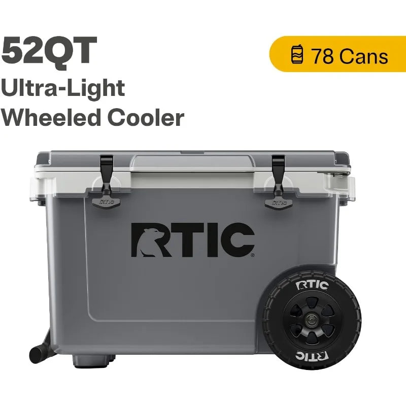 52 Quart Ultra-Light Wheeled Hard Cooler Insulated Portable Ice Chest Box for Beach, Drink, Beverage, Camping, Picnic, Fishing