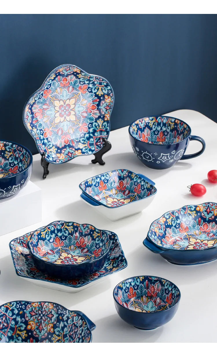 Baroque dish set Creative ceramic tableware Rice rice bowl soup noodles large bowl Household handle bowl Fish plate dish