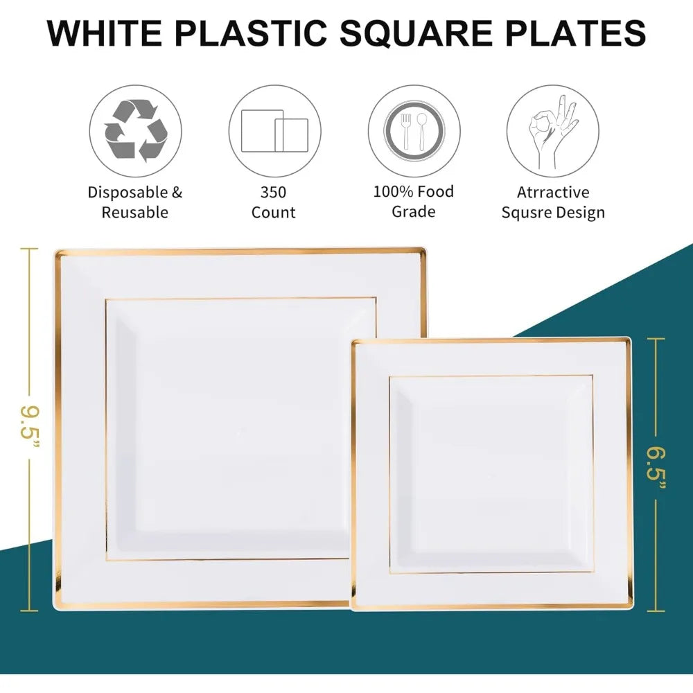 50 Guest Gold Dinnerware Set-100 White Square Plastic Plates with Gold Rim, 50 Gold Plastic forks &Spoons &Knives &Cups &Napkins