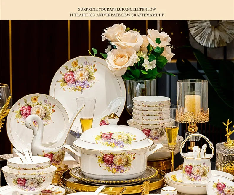 60pcs European Style Dinnerware Sets Luxury Bone China Tableware Sets Bowl Spoon Dinner Plate Set Kitchen Utensils Dinner Set