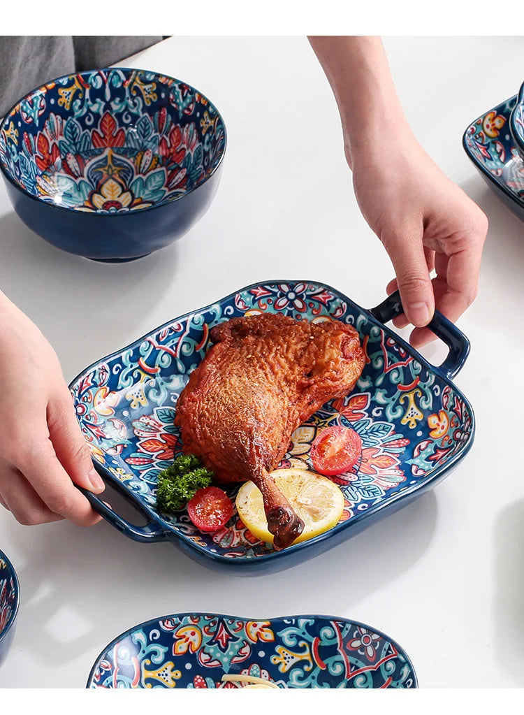 Baroque dish set Creative ceramic tableware Rice rice bowl soup noodles large bowl Household handle bowl Fish plate dish