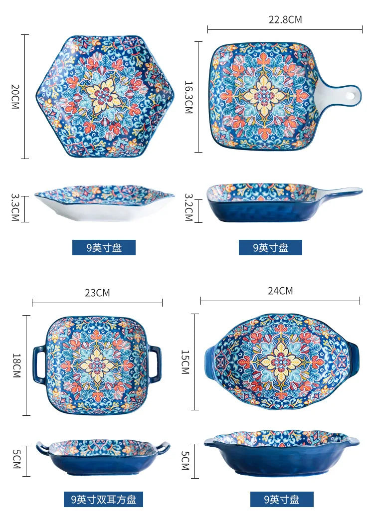 Baroque dish set Creative ceramic tableware Rice rice bowl soup noodles large bowl Household handle bowl Fish plate dish
