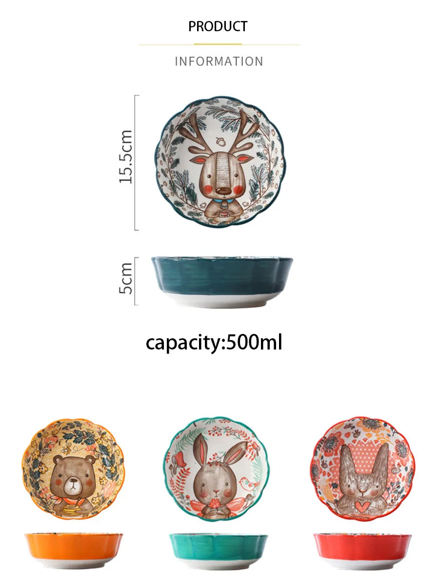 Ceramic Bakeware With Handle Forest Animals Baking Pan Underglaze Kitchen Tableware Salad Bowl Au Gratin Dishes
