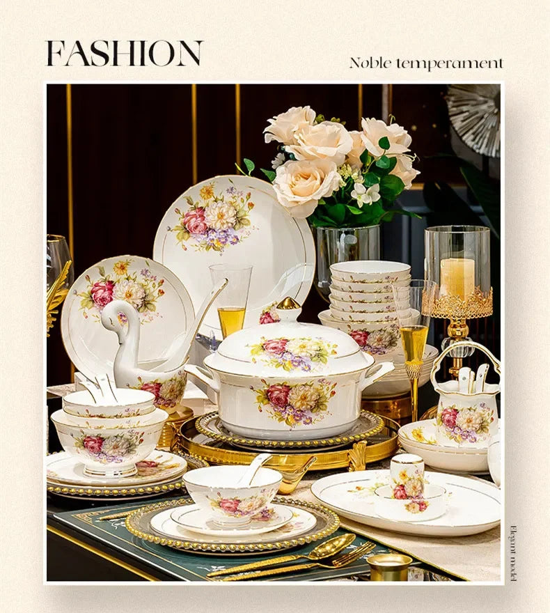 60pcs European Style Dinnerware Sets Luxury Bone China Tableware Sets Bowl Spoon Dinner Plate Set Kitchen Utensils Dinner Set