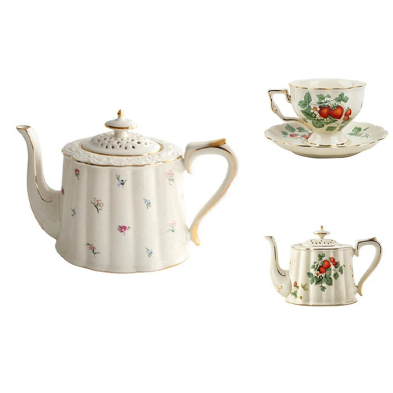French Retro Teapot Coffee Cup Set Gold Edge Cup Saucer Flower Big Teacup English Afternoon Tea Cup