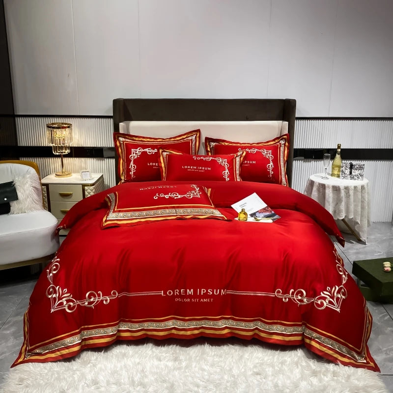 European Style Gold Edge Embroidered Bedding Set Luxury White Satin Cotton Duvet Cover Bed Sheets Pillowcases King Queen Size