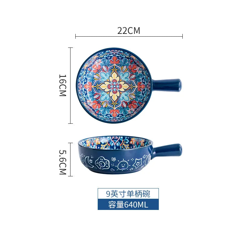 Baroque dish set Creative ceramic tableware Rice rice bowl soup noodles large bowl Household handle bowl Fish plate dish