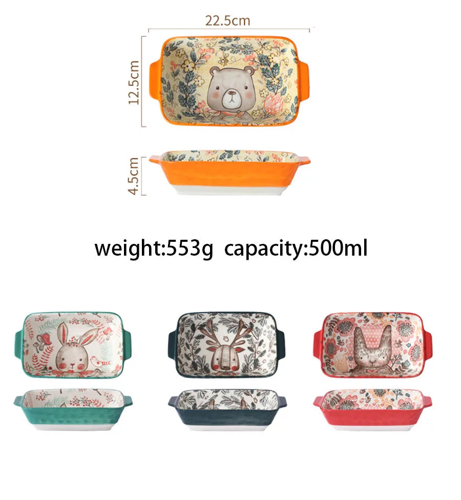 Ceramic Bakeware With Handle Forest Animals Baking Pan Underglaze Kitchen Tableware Salad Bowl Au Gratin Dishes