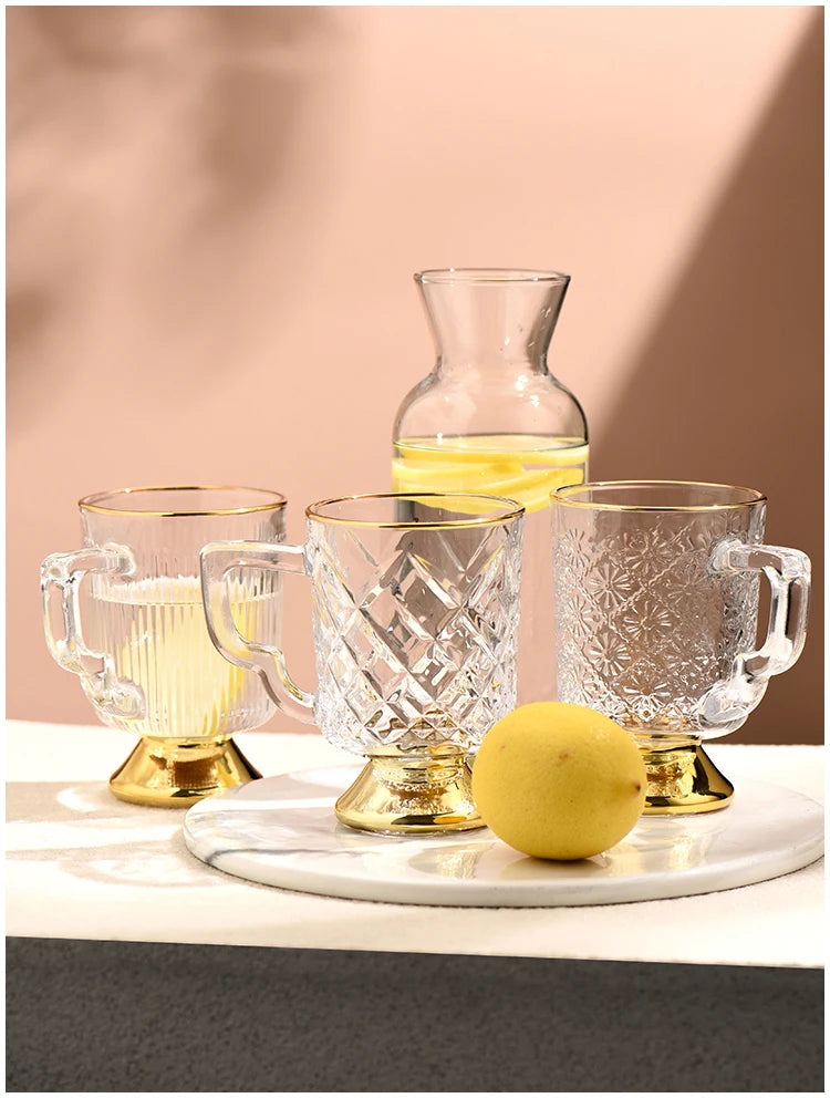 Gold Rimmed Tall Glass with Handle, Tall Beer Drinking Glass with Handle, Kitchen Bar, Barware, Drinkware Set, Light, Luxury