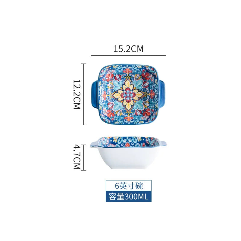 Baroque dish set Creative ceramic tableware Rice rice bowl soup noodles large bowl Household handle bowl Fish plate dish