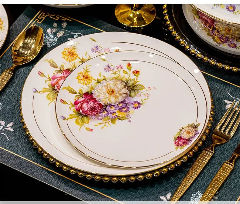 60pcs European Style Dinnerware Sets Luxury Bone China Tableware Sets Bowl Spoon Dinner Plate Set Kitchen Utensils Dinner Set