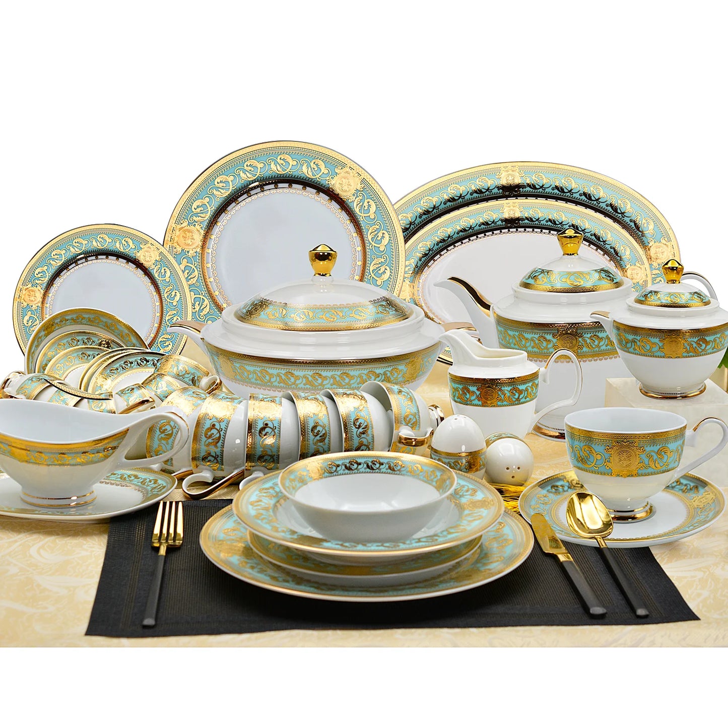 Bone China platinum decoration design tableware porcelain Dinner Soup Plate Gold Rim Dishes and bowl Set