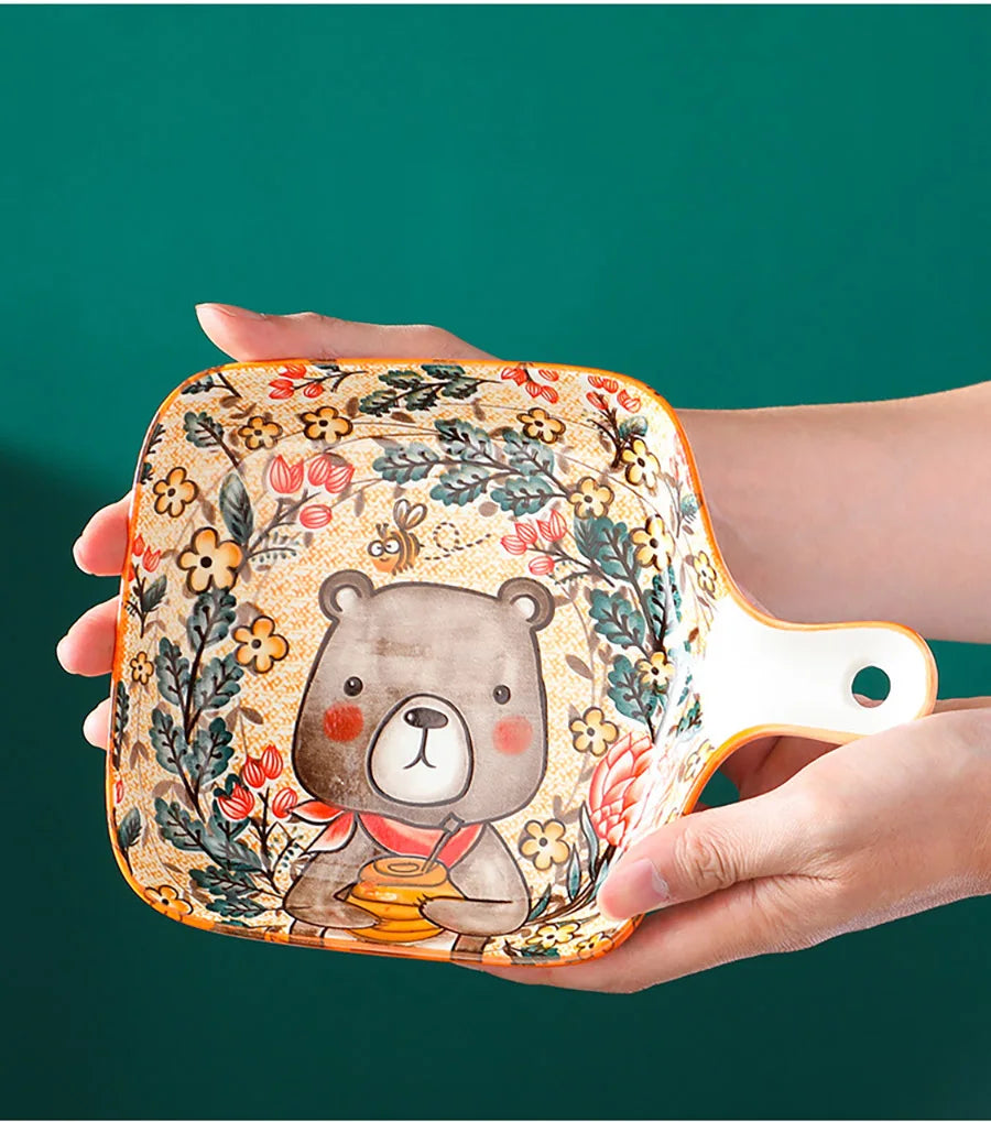 Ceramic Bakeware With Handle Forest Animals Baking Pan Underglaze Kitchen Tableware Salad Bowl Au Gratin Dishes