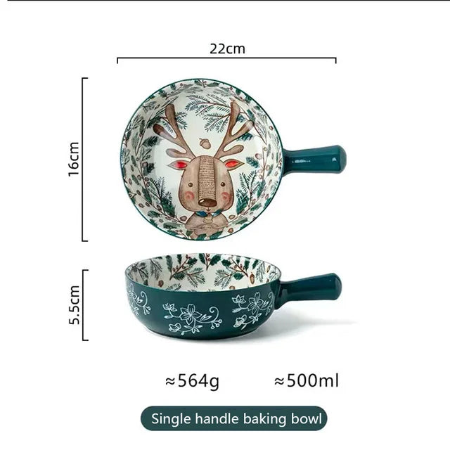 Ceramic Bakeware With Handle Forest Animals Baking Pan Underglaze Kitchen Tableware Salad Bowl Au Gratin Dishes